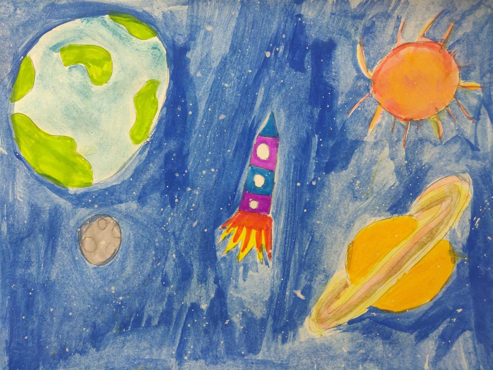 Рисуем ко дню космонавтики. Детские рисунки на тему космос. Рисунок ко Дню космонавтики. Детские рисунки ко Дню космонавтики. Рисунок на день космонавтики для детей.